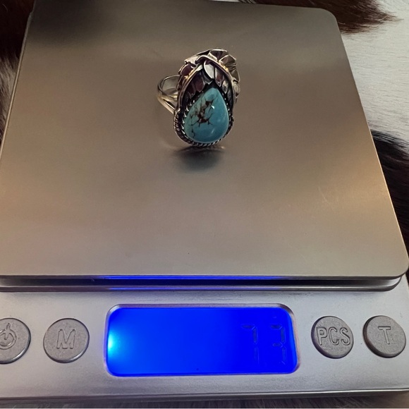 ❤️ Kingman Turquoise Statement Sterling Navajo Style Feather Leaf Ring Sz 7.5 - Picture 11 of 16